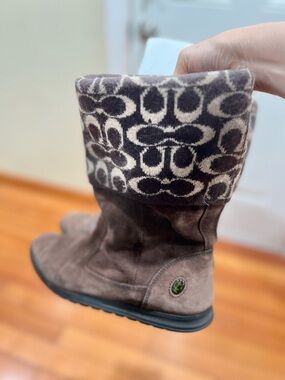 Coach Brown Suede Mid-Calf Boot with Patterned Knit Cuff